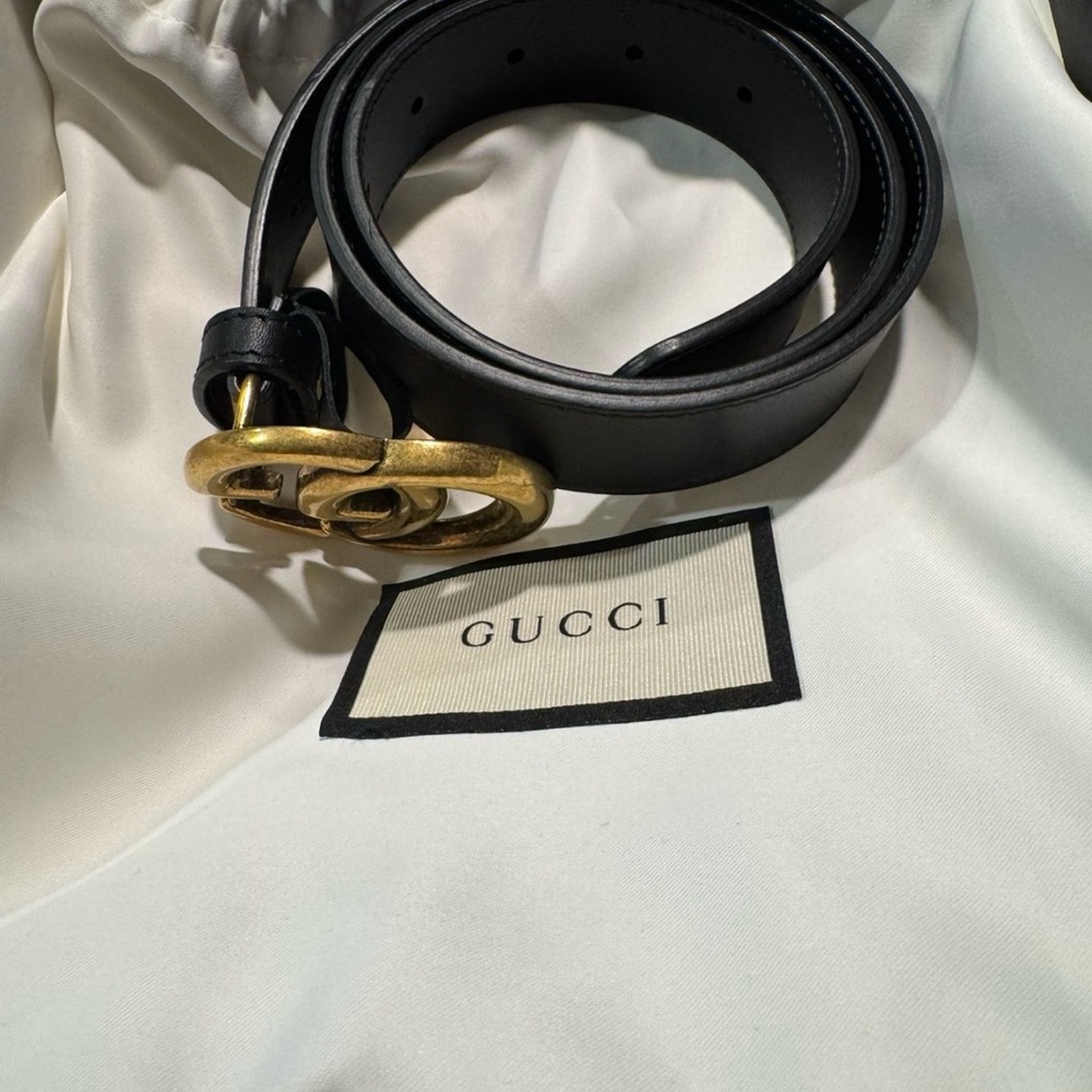 Gucci Black Leather Belt with Gold Logo Buckle